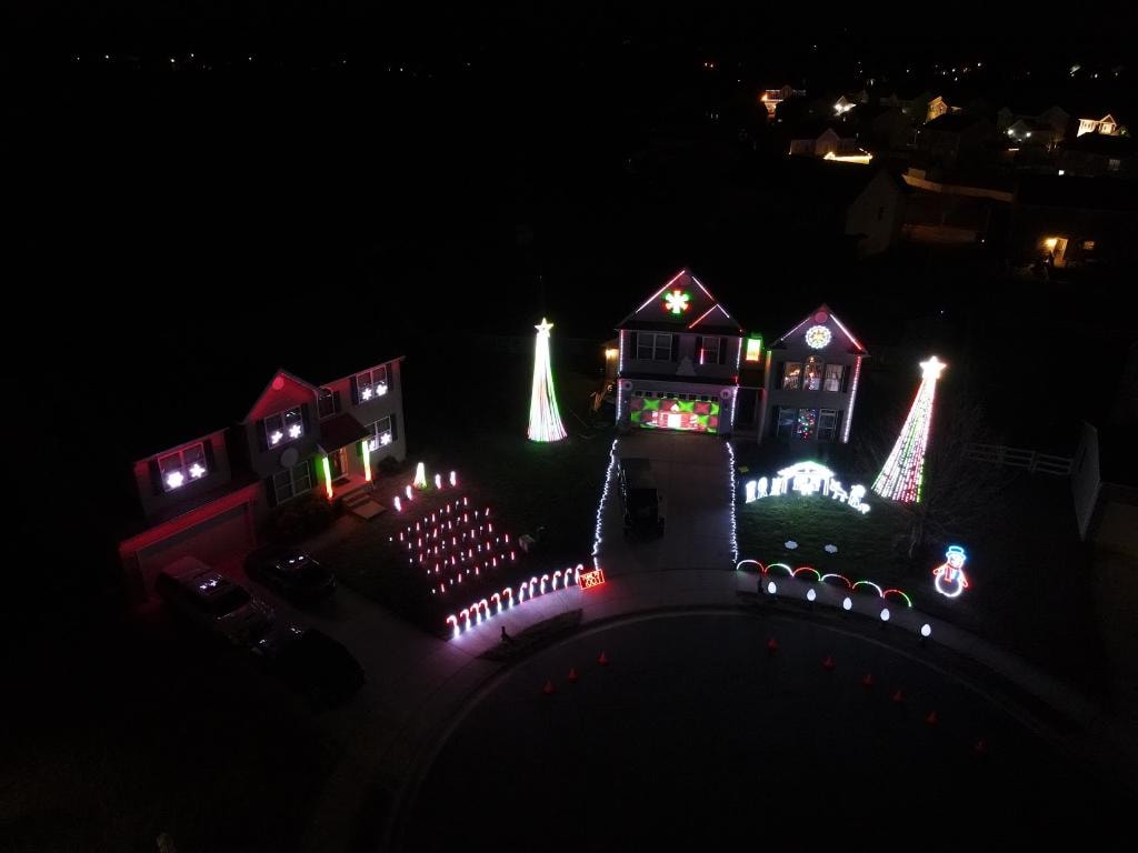 Aerial view of Matt's Christmas light show that started it all